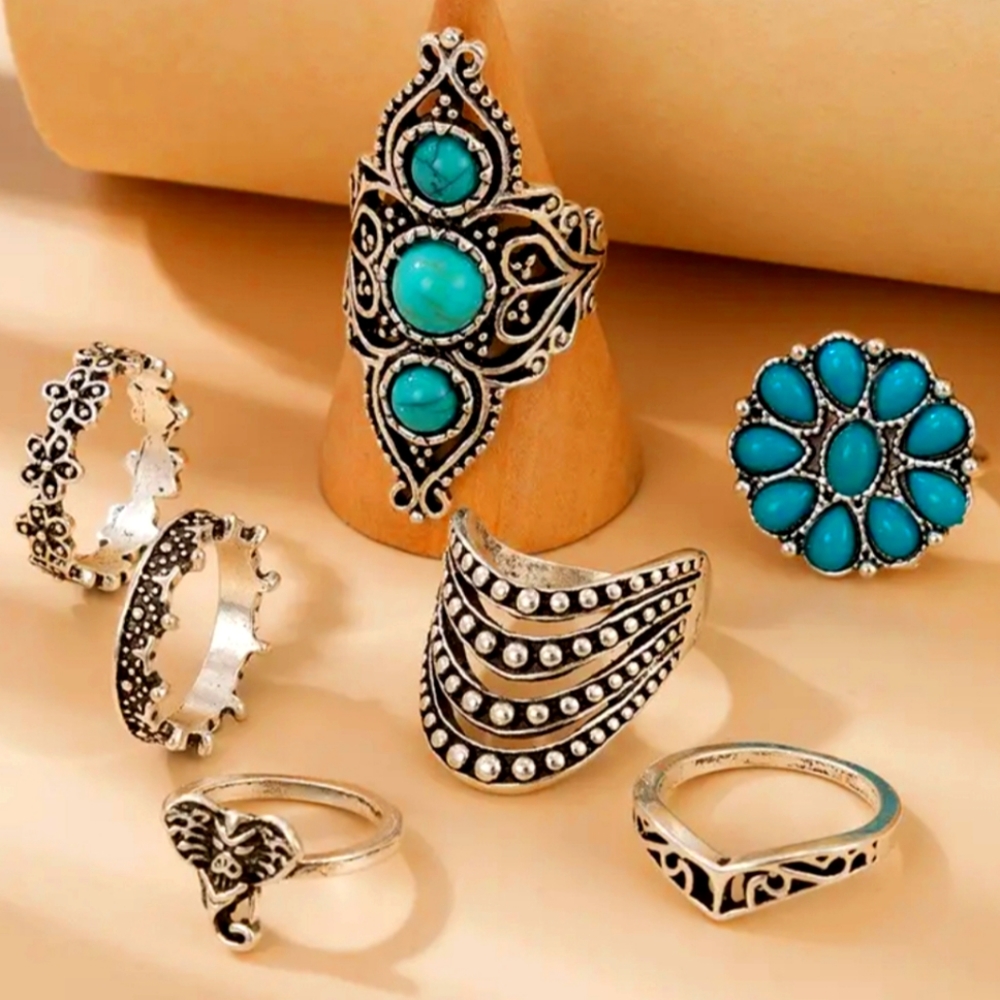 Vintage Turquoise Elephant Geometric Ring 7pcs/SetBoho Style Decor Jewelry - Picture 2 of 10